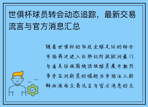 世俱杯球员转会动态追踪，最新交易流言与官方消息汇总