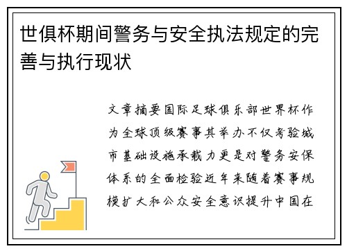 世俱杯期间警务与安全执法规定的完善与执行现状