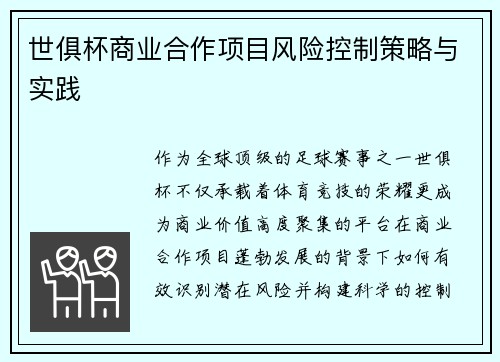 世俱杯商业合作项目风险控制策略与实践