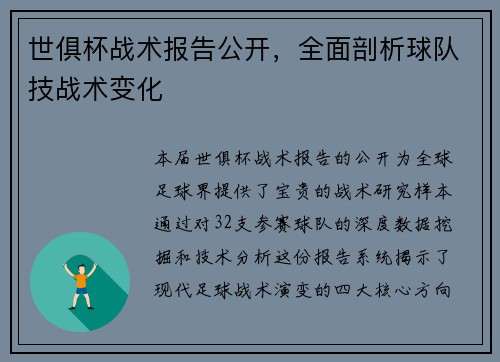 世俱杯战术报告公开，全面剖析球队技战术变化